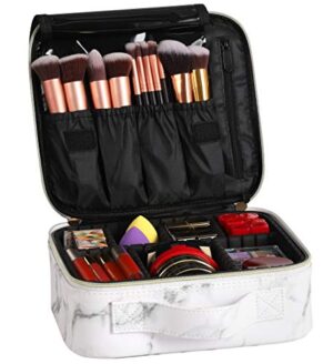 Marble Journey Makeup Bag with adjustable dividers, built-in mirror, and PU leather exterior in a stylish marble pattern.