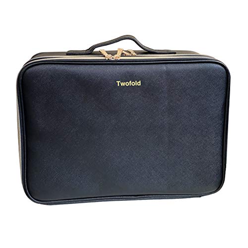 Travel in Style with This Large Makeup Case – Waterproof & Customizable 1 Large marble-patterned makeup case with golden zippers and 3 compartments shown open, displaying adjustable dividers and makeup storage tools.