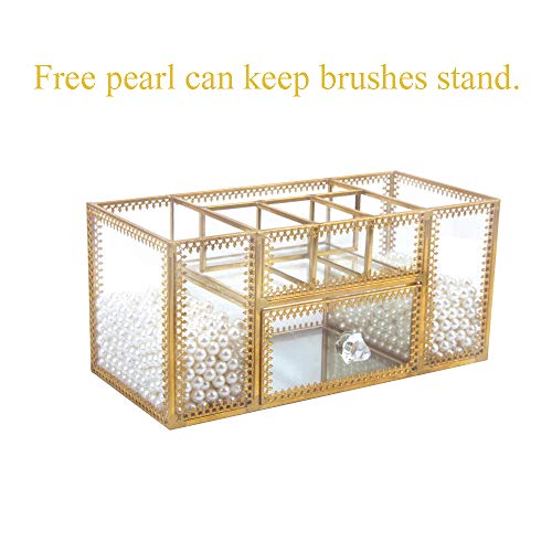 DesignSter Antique Glass Makeup Organizer – Elegant Storage for Vanity with Pearls and Multi-Functional Compartments