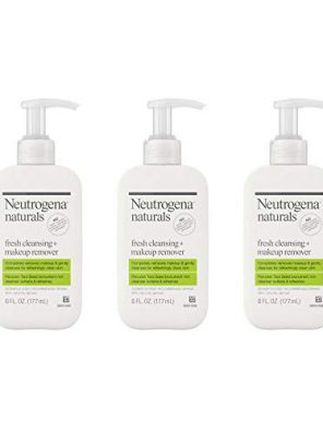 Three pump bottles of Neutrogena Naturals Daily Face Wash and Makeup Remover, designed to cleanse skin and remove makeup with natural ingredients, including Peruvian Tara Seed