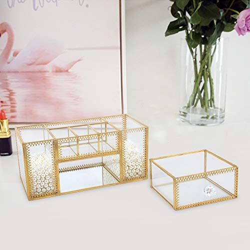 DesignSter Antique Glass Makeup Organizer – Elegant Storage for Vanity with Pearls and Multi-Functional Compartments