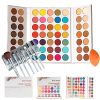 A vibrant 63-color eyeshadow palette with warm neutrals, bright shades, brushes, and a blending sponge for flawless makeup looks