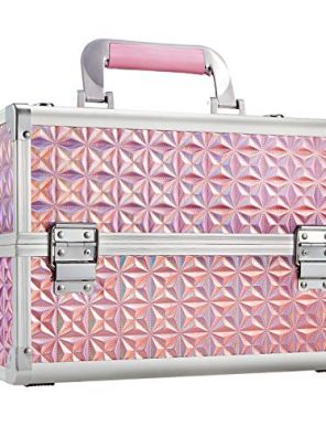 Costravio Glitter Pink Giant Makeup Case with lockable storage, mirror, and jewelry tray for makeup and beauty essentials
