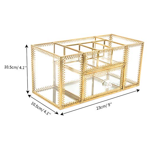 DesignSter Antique Glass Makeup Organizer – Elegant Storage for Vanity with Pearls and Multi-Functional Compartments