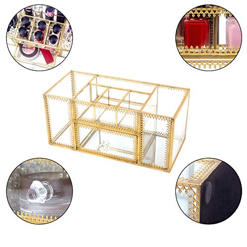 DesignSter Antique Glass Makeup Organizer – Elegant Storage for Vanity with Pearls and Multi-Functional Compartments