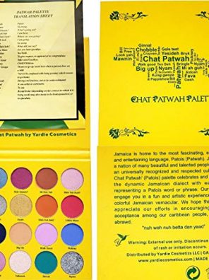 Chat Patwah Eyeshadow Palette showcasing 16 bold and vibrant shades with a Patois translation sheet in the background