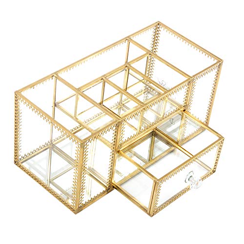 DesignSter Antique Glass Makeup Organizer – Elegant Storage for Vanity with Pearls and Multi-Functional Compartments