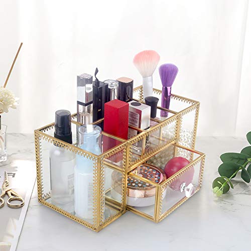 DesignSter Antique Glass Makeup Organizer – Elegant Storage for Vanity with Pearls and Multi-Functional Compartments