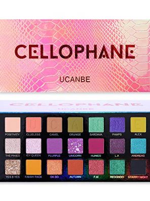 A vibrant UCANBE x Anwen CEllOPHANE Pro Eyeshadow Palette featuring 21 dazzling shades with reflective glitter, creamy matte, and shimmering pearl finishes, housed in a sleek, travel-friendly case