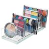 9-slot clear and mint green makeup organizer holding palettes and beauty kits on a vanity top.
