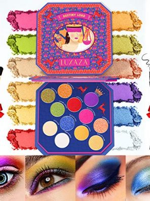 Luxurious octagonal box containing the LUXAZA Neon Eyeshadow Palette with 12 vibrant shades, brushes, eyeliner, and gel patches, perfect for stunning eye makeup.