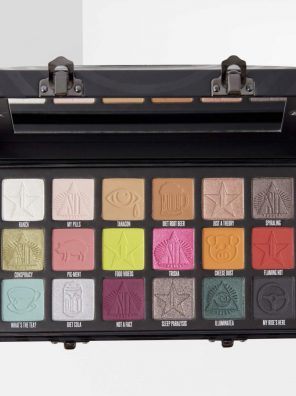 Jeffree Star Conspiracy Palette featuring 18 matte, metallic, and foil shades in bold packaging