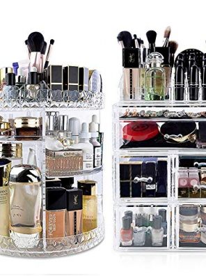 Clear acrylic makeup organizer with 7 drawers and 360-degree rotating shelf