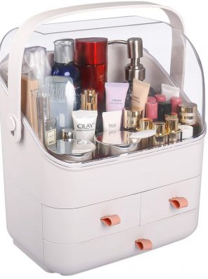 White makeup organizer box with waterproof lid and divided drawers holding cosmetics and skincare
