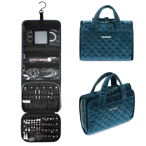 Peacock Blue Foldable Hanging Velvet Jewelry Organizer Roll with Hook for Rings, Necklaces, Bracelets, Earrings - Perfect for Trave