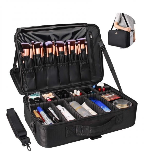 Relavel Professional Makeup Train Case with Adjustable Strap (Black)
