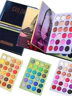 A sleek, colorful Matte Shimmer Pigmented Eye Makeup Palette featuring vibrant shades, with shimmers, mattes, and glitters perfect for any occasion