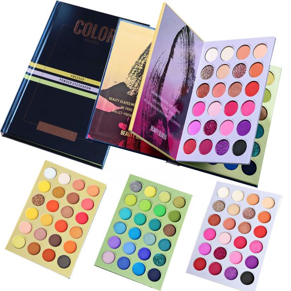A sleek, colorful Matte Shimmer Pigmented Eye Makeup Palette featuring vibrant shades, with shimmers, mattes, and glitters perfect for any occasion