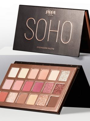 A luxurious rose gold eyeshadow palette featuring 18 dazzling shades of diamond sparkle, metallic, pearlescent, and matte finishes, accompanied by a built-in mirror for ultimate convenience.