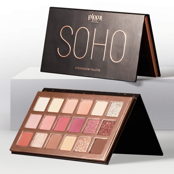 Pippa of London Soho Eyeshadow Palette: The Ultimate Glam on the Go 1 A luxurious rose gold eyeshadow palette featuring 18 dazzling shades of diamond sparkle, metallic, pearlescent, and matte finishes, accompanied by a built-in mirror for ultimate convenience.